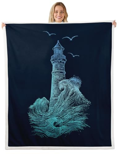 Nautical Lighthouse Fleece Blanket, Sea Wave Splash Spray Flying Birds Ocean Navigation Theme Hand Drawn Sherpa Blanket,Decorative Sofa Blanket Throw Lightweight, Throw 50x60, Blue Black