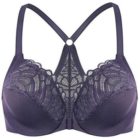 MELENECA Women's Front Fastening Racerback Plus Size Stretch Lace Underwire Unlined Bras Purple 44B
