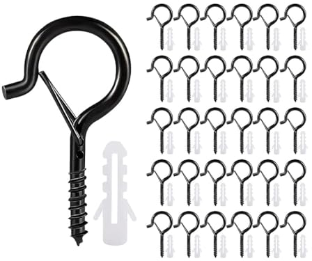 Hitopin 30 Stücke Schraubhaken, Hakenschrauben mit Schnapp-Sicherung, Weihnachtsbeleuchtung Haken, Edelstahl Deckenhaken, zum Aufhängen von Topfplanzen, Weihnachtsdekoration,Laternen (Schwarz)