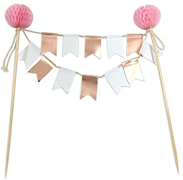 Frau WunderVoll® Kuchengirlande Rosegold mit Wabenball rosa/Topper, Kuchenstecker, Muffin, Geburtstagskuchen, Dekoration, Deko, Kinder, Party, Hochzeit, Hochzeitstorte, Geburtstag