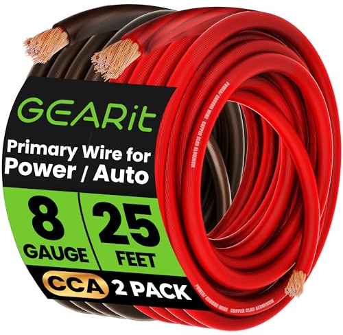 GEARit 8 Gauge Wire, for Automotive Power/Ground, Battery Cable, Car Audio, RV, Amp, CCA, Automotive Wire, Amp Kit, Battery Cables, Wiring Kit, (25 feet Each- Black/Red)