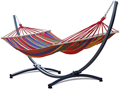 Potenza Outdoor Hängematte mit Gestell für 2 Personen I Stabhängematte XXL 220x160, 200kg I Hängemattengestell 220kg Wetterfest (Rot, Basic Gestell Graphit)