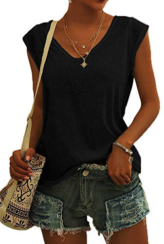GeGekoko Damen T-Shirt Kurzarm V-Ausschnitt Flügelärmeln Oberteile Blusen Sommer Casual Lose Tank Top Basic Mädchen Tops Schwarz M
