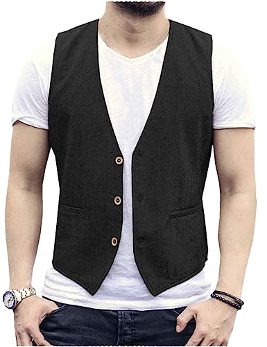 AeoTeokey Gilet estivo da uomo in lino, dallo stile casual e con taglio dritto, Nero , L