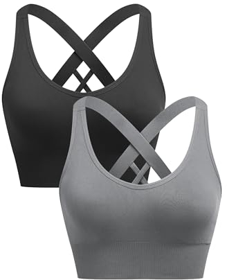 ANGOOL Sport BH Damen ohne Bügel Push Up BH Starker Halt Sport Bustier Damen Gepolstert Crossback Seamless Yoga Joggen Gym Sports Bra, Schwarz+Grau, S