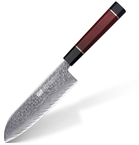 FINDKING Couteau de Chef Santoku 7 Pouces, Lame en Acier Damas AUS-10, Couteau Asiatique Polyvalent pour Trancher et Découper, Poignée en Bois Confortable, Idéal pour les Légumes (Série Samurai)