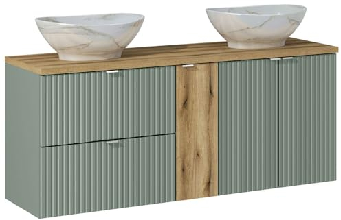Lomadox Lavabo doppio bagno con lavabo in ceramica 140 cm in verde e rovere