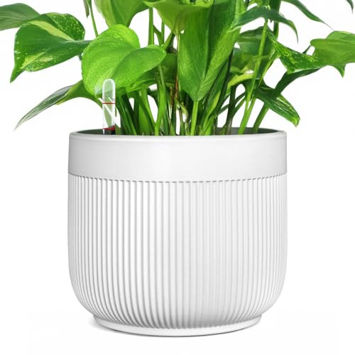 AmiCera Self Watering Ceramic Pots for Indoor Plants, Water Level Indicator with Drainage Hole, Self Watering Planters for Outdoor Use, Large Flower Pot for Easy Care (White)