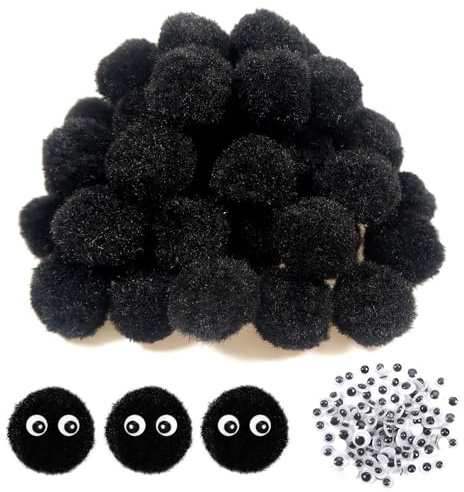 TOAOB 50 Piezas Pompones Grandes de Negro de 2 cm Bolas de Fieltro Pompones y 100 Ojos Móviles Negros para Decoraciones Manualidades Creativas y Decoraciones Bricolaje