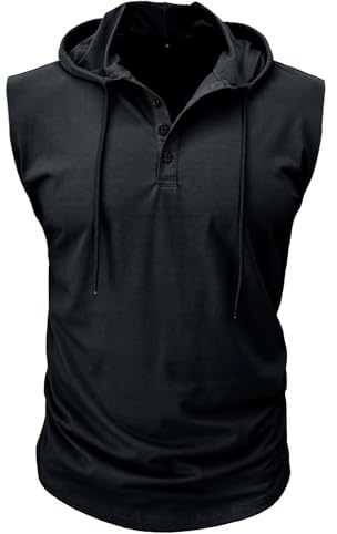 MakingDa Men's Sleeveless Athletic Tank Tops Buttons Pullover Muscle Slim Fit Summer Plain Hoodies Gym Training Sport Casual Training Lightweight Boxing Running Basic Work Vest Black S