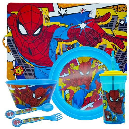 Lot de 6 couverts réutilisables Spiderman - Gobelet de 460 ml avec paille, set de table pour enfants, bol empilable, assiette, fourchette et cuillère - Sans BPA - Ensemble de couverts pour enfants de