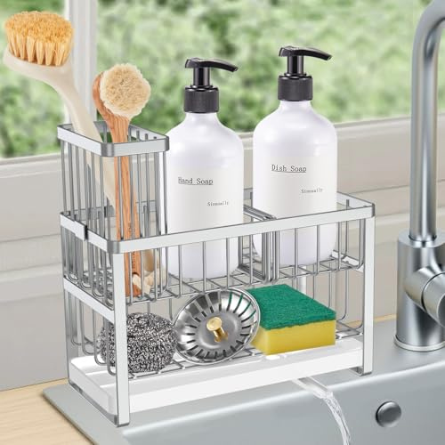 Sinnsally Organizer per lavello da cucina, portasapone, organizer per stoviglie, porta spugne, accessori da cucina, con portaspazzole (2 ripiani, argento)