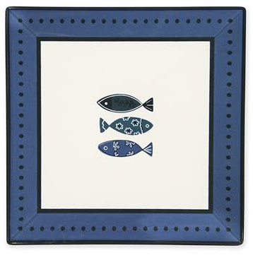 Excelsa Ocean, Set 6 Piatti in Ceramica, 24x24 cm, Decorazione Pesci Blu, Rettangolare