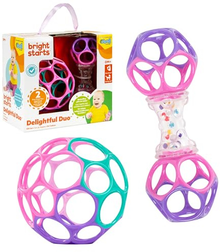 Bright Starts Delightful Duo 2-Pack Gift Set with Easy-Grasp Oball Rattles, Pink, Baby Toys for Newborn and Up