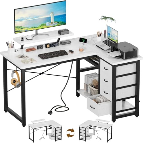Devoko Scrivania Angolare 140x80 cm, Tavolo A L Reversibile con 4 Cassetti Spaziosi, USB/Type-C + 2 Prese di Corrente, Supporto Stabile per Monitor, Lavoro da Casa, Bianco