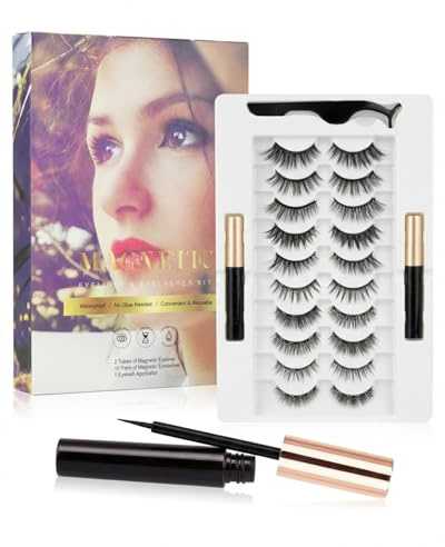 Magnetic Eyelashes with Eyeliner, 10 Pairs of Reusable Eye Lashes with 2 Tubes Magnetic Eyeliner, Natural Reusable Magnetic Fake Eyelashes with Tweezers, Easy to Wear Lash Kit (10 Pairs)