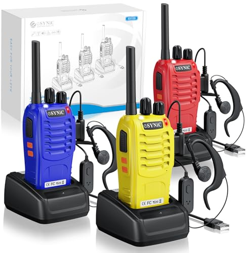 eSynic 3 Pack Walkie Talkies PMR446 Camping Two Way Radio for Adults Kids | Rechargeable| 16CH & Licence Free| with Earpieces& Light & VOX| Gift for House School Trip Ceremony Party Security Cafe Work