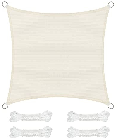 SONGMICS Sonnensegel 5 x 5 m, Sonnenschutz aus HDPE-Gewebe, luftdurchlässig, wasserdurchlässig, für Terrasse, Garten, Balkon, Camping, quadratisch, konkav, 2 m Seile, beige GSS55IV
