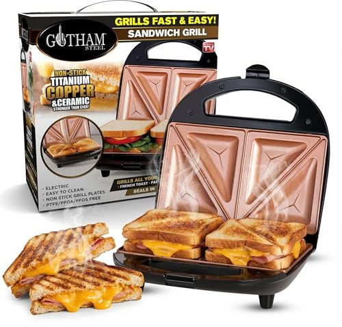 Gotham Steel Nonstick Panini Press Sandwich Maker, 2in1 Breakfast Sandwich Maker Grill / Sandwich Press Grill with Indicator Light, Grilled Cheese Maker Makes 2 Sandwiches with Easy Cut Edges