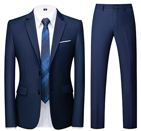 KUDORO Men Suits 2 Piece Two Button Tuxedo Suit Blazer Trousers Set Navy