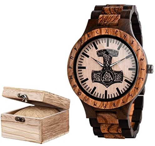 CZMYCBG Orologio da Uomo in Legno Vichingo Orologi da Polso Casual Eleganti da Lavoro Simboli Norreni Vichinghi Orologio in Legno Inciso A Mano con Scatola di Legno