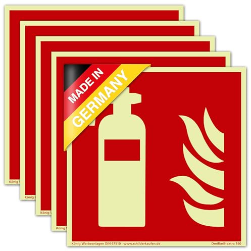 5 Schilder Feuerlöscher | extra langnachleuchtend | PVC selbstklebend 148x148mm | DIN EN ISO 7010 F001 | DIN 67510 (Brandschutzzeichen) Dreifke® extra 160