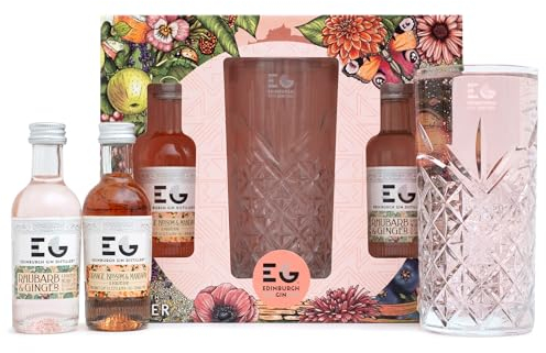 Edinburgh Gin Gifts - Orange Blossom & Mandarin Liqueur, Rhubarb & Ginger Liqueur, 2x5cl Birthday Alcohol Miniatures, Hi-Ball Glass - Flavoured Gin Gift Set for Women, Men, Fathers Day