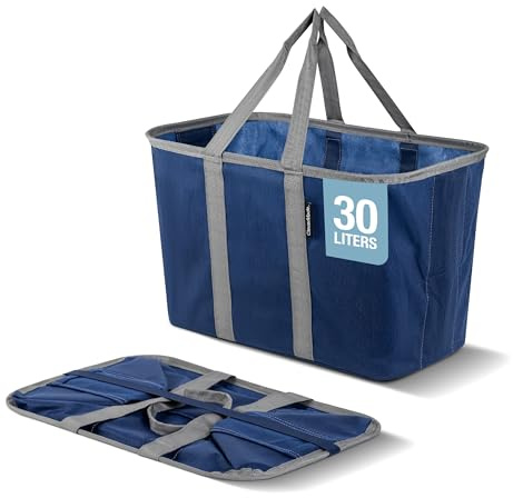 CleverMade EcoBasket 30L Collapsible Tote Basket – Reusable Grocery Tote That Stands Upright, Foldable Shopping Basket for Car Trunk Storage, Heavy Duty Utility Bag, 30 lb Capacity - Blue