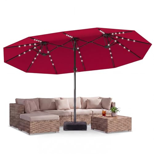 GOPLUS Parasol de Jardin Exterieur avec Pied, 4,6x2,8M Grand Parasol Double avec 48 LED Solaires, Manivelle, 12 Baleines, Protection Solaire, pour Terrasse Marché Patio