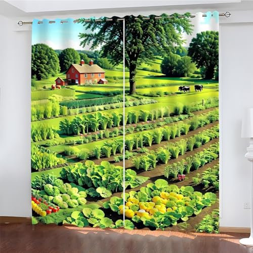 EXSANLIEAY Verdunklungsvorhänge Bauernhof, Vorhang Blickdicht LäNdlich Vorhänge mit öSen 2er Set für Schlafzimmer Kinderzimmer, Deko Gardinen Wohnzimmer - B140 x H175 cm