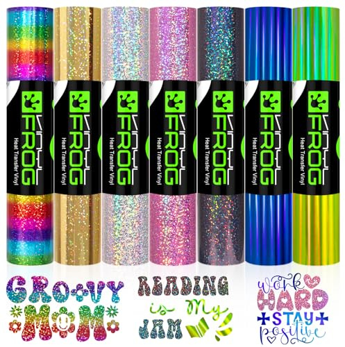 VINYL FROG Holographic Glitter HTV Vinyl 7 Pack 12''x10'' Rainbow Iron On Vinyl for DIY Clothing & Fabrics