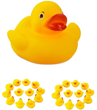 Relaxdays Paperelle da Bagno, Set da 25 Mini Papere in Gomma per Vasca, Gioco Galleggiante per Bagnetto Bambini, Giallo