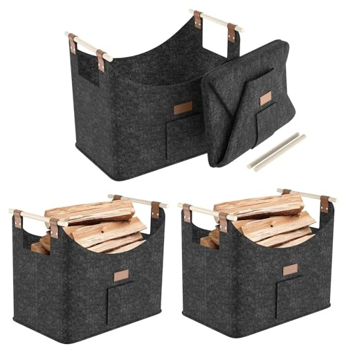 Aufun Lot de 4 paniers à bois pour bois de cheminée, taille XXL, pliable, en feutre extra épais et poignée renforcée, grand sac en feutre pour courses, bois, journaux ou bois de chauffage (50 x 32 x