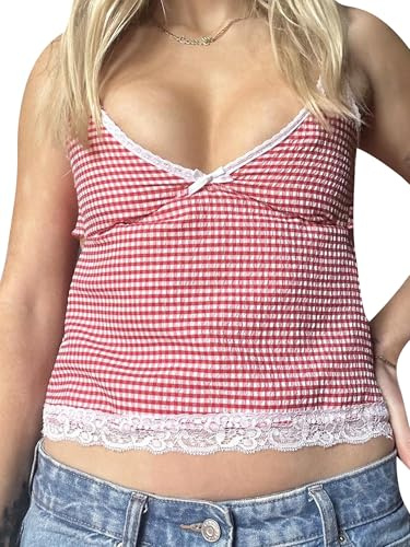 SANSIWU Women Y2K Plaid Tank Tops Sleeveless Spaghetti Strap V Neck Cami Crop Top Gingham Camisole Summer Streetwear (Red, S)