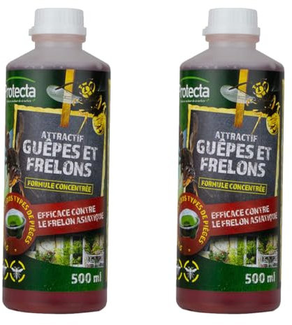 Attractif Guêpes, Frelons et Mouches – Liquide pour piège Guêpes/Protection Naturelle et Efficace - Concentré à diluer, peut être utilisé dans tous types de pièges - 2x500ml