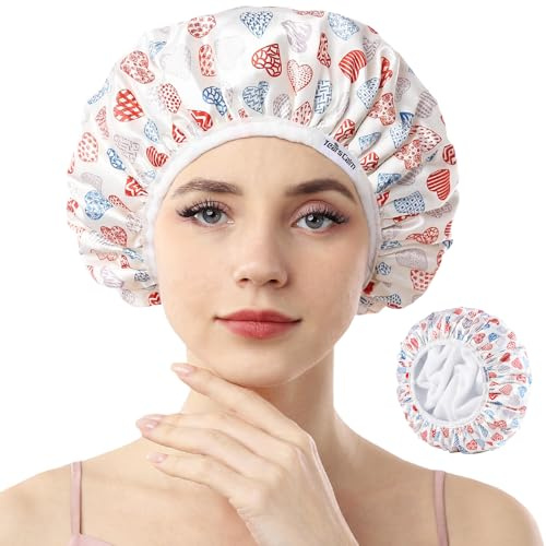 Years calm Bonnet de douche en tissu éponge doublé, motifs cœurs triple couche, imperméable réutilisable élastique, bonnet de douche pour cheveux pour femmes, bonnets de douche en tissu éponge pour