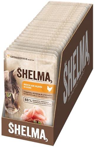 Shelma Katzen-Nassfutter mit Huhn in Sauce mit Tomaten und Kräutern – Getreidefreies Alleinfuttermittel mit hohem Fleischanteil – 28 x 85 g (2,38 kg)