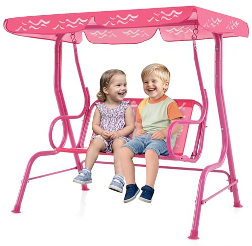 DREAMADE Balancelle de Jardin 2 Places pour Enfants,Balançoire Exterieur Enfant en Acier avec Auvent d’Inclinaison,Support en Métal,Ceintures de Sécurité,Charge 80 kg (Rose)
