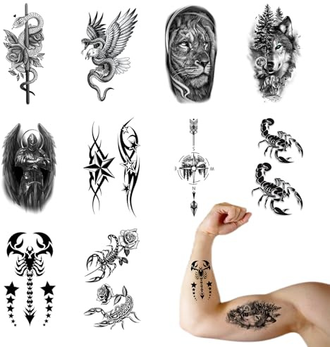 Temporary Tattoos,waterproof temporary tattoo,Body, arms, chest, shoulders, suitable for men and women, 10 black tattoo stickers - different designs(A,B,C,D,E,F) (D)