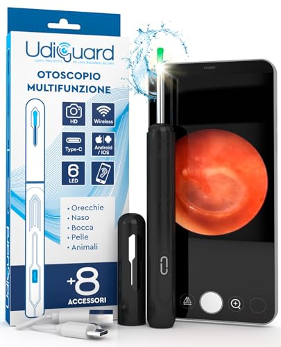Otoscopio Pulizia Orecchie Rimozione Cerume con Telecamera 1920p WiFi 3,6mm - UdiGuard Pulitore Orecchie Digitale 6 Luci LED Adulti Bambini Animali - Compatibile con iPhone iPad Android Nero