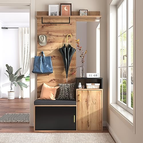 BTM Hallway Storage Unit, Shoe Bench with Coat Rack, Mirror, 4 Coat Hooks, Upper Storage Shelf and 2 Shoe Cabinets, 105x40x191cm