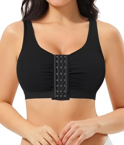 Nebility Post Surgery Front Fastening Sports Bras for Women with Breast Support Full Coverage Wireless Compression Bra After Surgery Black