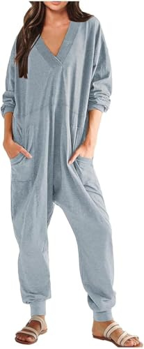 Jumpsuit Dam Ledigt Långärmad Jumpsuit V-ringad Playsuit Sommar Lös Byxdress Romper Bomull Vanligt Arbetsbyxor I Ett Stycke Med Fickor Hängselbyxor, blue, S