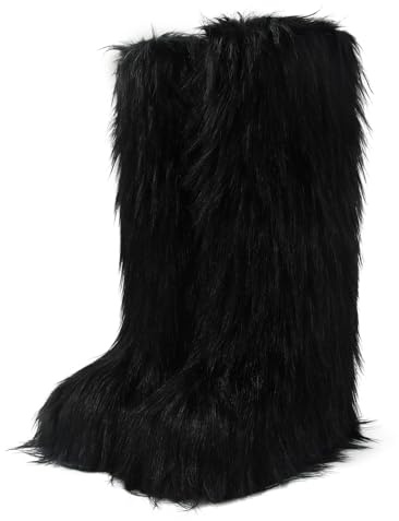 ZJGZF Black Faux Fur Boots for Women Fuzzy Fluffy Furry Boots Winter Snow Boot Tall Cute Comfort Warm Shoes Soft Wide Calf Knee High Boot