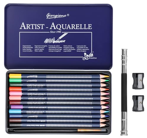 Aohyue 12 Pièces Crayons de Couleur Aquarellables, Crayons Aquarelle pour Enfants et Adultes, avec Étui en Métal, Pinceau Fin, Taille-Crayon et Rallonge, Crayon Triangulaires en Bois