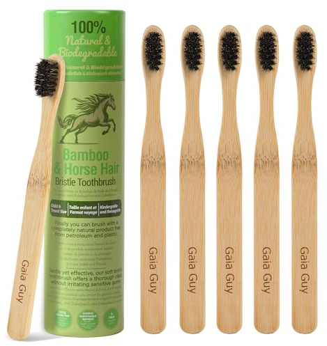 Gaia Guy Cepillo de dientes pequeño de bambú, paquete de 6 cerdas suaves de crin de caballo (sin nailon, sin plástico), tamaño compacto para niños o adultos, 100% compostable, biodegradable, ecológico