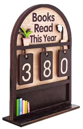 Wooden Books Read This Year Counter, Book Tracker Sign with Flip Numbers, Mini Bookshelf Decor, Gift for Readers and Book Lovers, Brown