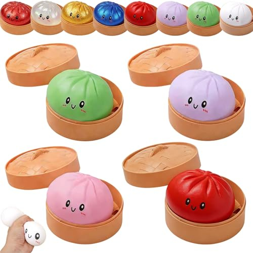 Dumplings Squishy, Squishy Dumpling Toy, Glitter Dumplings Squishiest with Steamer Box, Stress & Anxiety Relief Toys for Kids & Adults Non-Edible for Home Office (4Pcs-A)