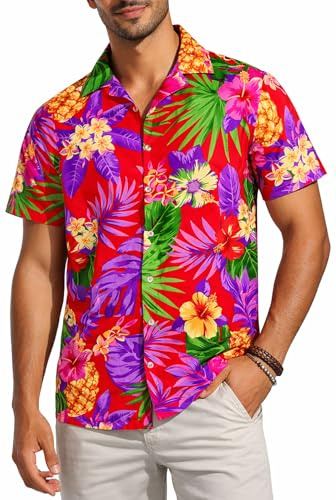 King Kameha Funky Hawaii-skjorta för män, kortärmad, frontficka, Hawaii-tryck, ananas, palmer och blommor, röd, M