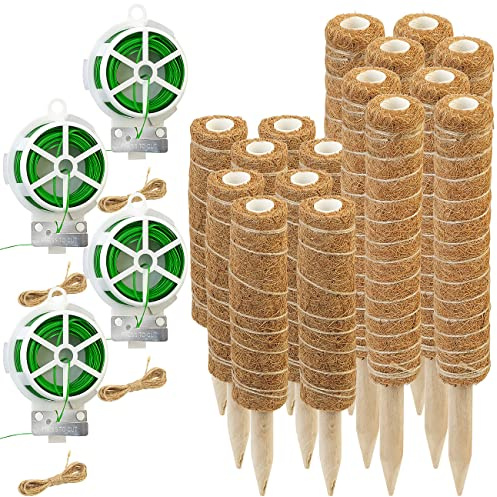 Royal Gardineer Pflanzenpfahl: 16er-Set Rankhilfen aus Kokosfaser & Holz, 2x40 cm, 2x30 cm,Juteschnur (Pflanzenstützstab, Kletterpflanzen-Stützen, Wein)
